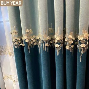 Light Luxury Curtain for Living Dining Room Bedroom Thick Cashmere Shading Chenille Embroidered Bead Blue Curtain Tulle 210712