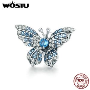 WOSTU 925 Sterling Silver Butterfly Beads Blue Zircon Charm Fit Ciondolo bracciale originale per accessori gioielli donna CTC061 Q0531