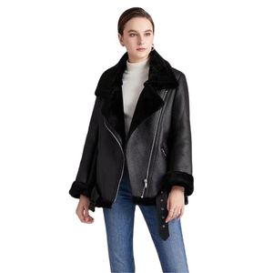 Women's Leather & Faux Fur Long Sleeved Loose Belt Warm Jacket Lamb Wool Winter Thickened Locomotive Lapel Female Coat Beige Black Chic PU T