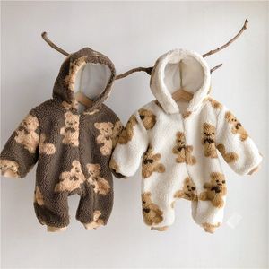 Winter Newborn Baby Cartoon Bear Print Fleece Thicken Rompers Hooded Infants Boy Clothes Kids Toddler Girls Warm Jumpsuits 210309