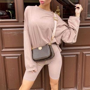 Summer Women Set O Neck Loose Long Sleeve Top Shirt And Biker Shorts Casual Two Piece Sets White Outfit Khaki Suit 210709