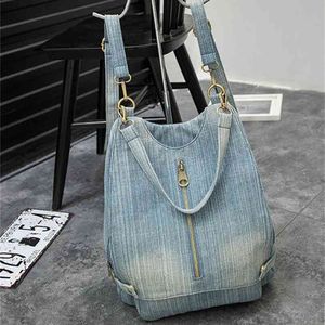 Lavado Denim Mulheres Mochila Grande Jean Mochila Multifuncional Saco De Ombro Feminino Sacos Casuais Sacos de Viagem Mochila Blue Mochila Bols 210922