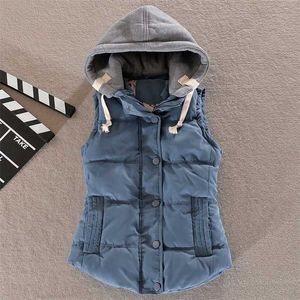 Vinter Kvinnor Solid Tjock Vest Hooded Casual Female Warm Outwear Cotton Padded Office Ladies Single Breasted Chaleco Mujer 211120