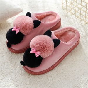 Mulheres Algodão Chinelos Cute Cute Dos Desenhos Animados Gato Indoor Chinelos de Inverno Quente Mulher De Pelúcia Deslizamento Em Sapatos Femininos Sapatos Senhoras Slippers Y1120