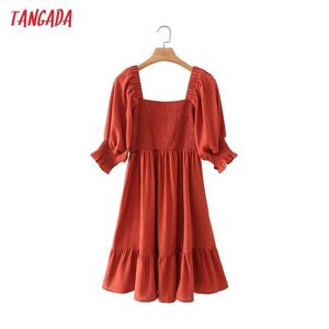 Tangada Summer Women Red French Style Short Dress Square Collar Puff Short Sleeve Ladies Sundress 4T09 210609