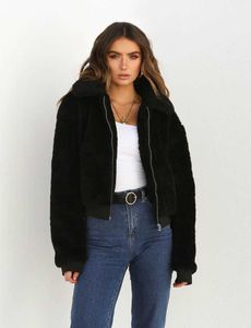 Mulheres espessura quente urso de pelúcia bolso jaqueta jaqueta zip up outwear sobretudo inverno casaco de pele macio feminino casaco de pelúcia elegante Y0829