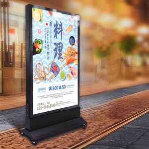 Utomhus Gratis Stående Restaurang Meny Light Box Reklam Display Dubbelsidig magnetpanel med bashjul Träfodral Förpackning (80 * 160cm)