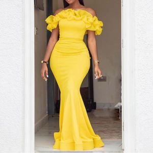 Sexy vestidos de baile Mulheres Novo Designer 2022 Ombro Ruffles Amarelo Longo Bodycon Vestido Comprimento Formal Vestidos