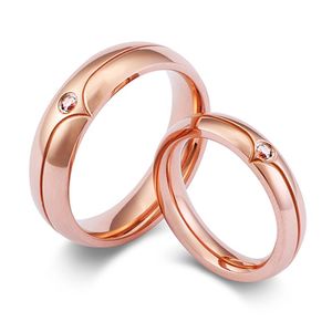 Bröllopsringar Rose Gold Color Solitaire Ring för kvinnor och män CZ Stone Rostfritt stål Alliance Par Engagemang