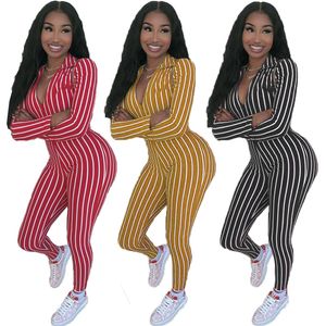 Upadek Zima Kobiety Z Długim Rękawem Kombinezony Plus Size 2XL Paski Bluzy Super Zipper Front Pajacyki Casual Kombinezony Sexy Skinny Bodysuits Fashion Legginsy 5903