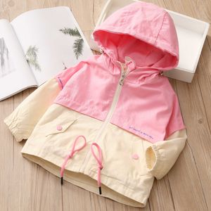 Spring Autumn 2-6 8 10 Years Children's Outerwear & Coats Hooded Color Patchwork Short Design Trench For Baby Kids Girl 210529