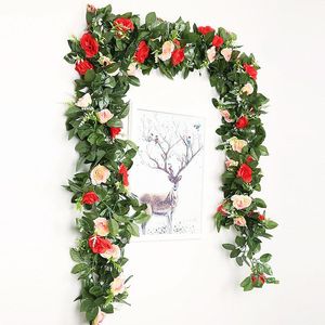 Flores decorativas Wreaths Decoração em casa Red/rosa/branco Flor artificial Vinha Rosa 11 Garland natural para decoração de jardim de casamento