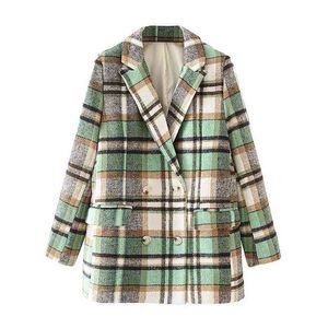 Elegant Women Green Plaid Woolen Coats Fashion Ladies Double Breasted Blazers Streetwear Female Chic Pocket Jacket 210527