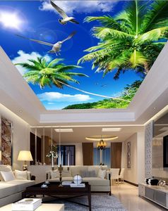 Duvarlar Için Özelleştirilmiş Duvar Kağıdı Mavi Gökyüzü Beyaz Bulutlar Ağaçlar Güneş Tavan 3D Tavan Duvar Resimleri