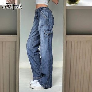 Damen Jeans Waatfaak Harajuku Taschen Patchwork Cargo Y2K Dunkelblau Hohe Taille Streetwear 90S Baggy Frauen Hosen Gerades Bein