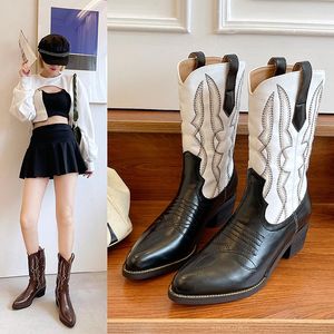 Boots Woman Spring Autumn Retro Cowboy Embroidered High Tube Knight Boot Female Thick Heel Shoes Botas De Mujer