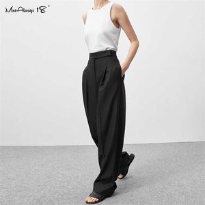 Mnealways 18 İlkbahar Yaz Siyah Bayanlar Ofis Pantolon Kadınlar Yüksek Bel Pantolon Cepler Kadın Pileli Geniş Bacak Pantolon Katı 211008