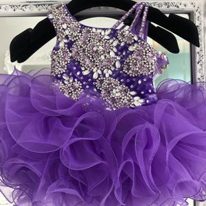 Purple Cupcake Toddler Infant Kids Pageant Dress 2021 Velvet Organza Ruffles Glitz Little Girl Party Gowns Zipper Back Mini/Short