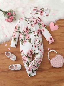 Baby blommig print ruffle trim jumpsuit med huvudband hon