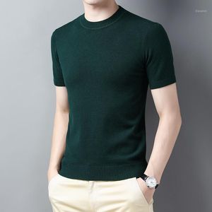 Mäns Ulltröja T-shirt Kortärmad Jumper Man Solid Färg Sticka TEE Toppar Slim Casual O-Neck Knitwear Tröjor