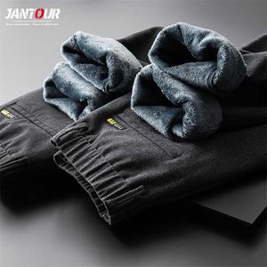 Homens inverno velo quente calças casuais de alta qualidade clássico grosso algodão calças retas masculino tecido escovado roupas de marca 220108