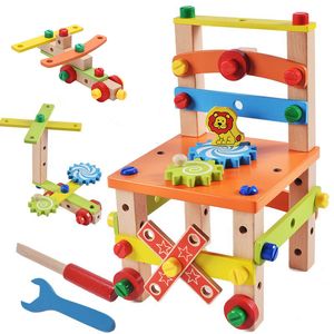 Trämonteringsstol Montessori Leksaker Baby Educational Preschool Multifunktionell Variety Nut Combination Tool