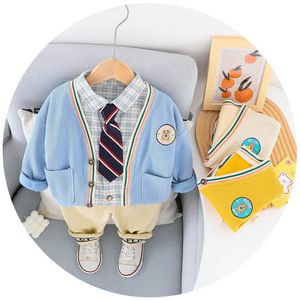 Baby Clothing Sets Boys Suits Kids Clothes Cotton Spring Autumn Long-Sleeved Cardigan Jacket Cartoon necktie Trousers Pants 3Pcs B7799