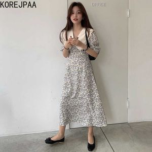 Korjpaa Kvinnor Klänning Sommar Koreanskt Chic Romantiskt Mjukt Spetsigt Krage Trä Öron Stitching Puff Sleeve Floral Vestidos 210526