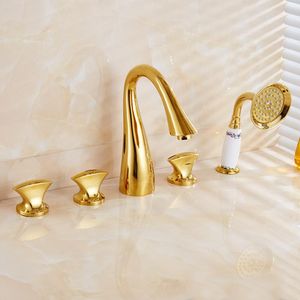 Banyo Lavabo Bataryaları Küvet Pirinç Altın Kaplama Lüks 5 Delik Musluk Seti Yağış Duş El Havzası Facucet ve Soğuk Mikser Musluklar