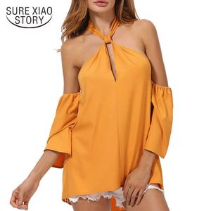 hanging neck elasticity chiffon shirt hollow bare shoulder Backless womens tops and blouses Sexy casual soft blouse 4762 50 210527