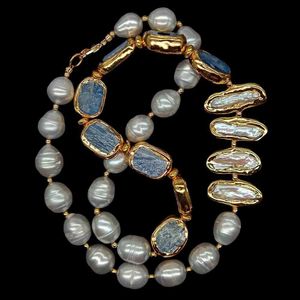 Perlas Cultivadas De Agua Dulce Gris al por mayor-Y Ying arroz cultivado de agua dulce Rice Blanco BIWA Pearl Blue Kyanites Collar