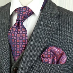 Florales mehrfarbiges Gelbgold-Rosa-Rot-Blau-Türkis-Krawatten-Set für Herren, Einstecktuch, 100 % Jacquard-Seide, ganz gewebt