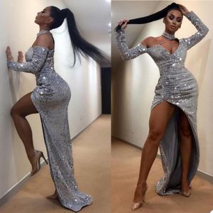 Glitter Sliver Mermaid Prom Dresses Dubai Arabic Sequins Party Evening Dresses Modern Sexy Side Split Custom Made Sweep Train Robe De Mariée