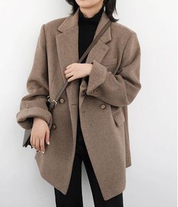 Kvinnorsullblandningar Koreansk Blazer Höst och Vinter Långärmad Lapel Varm Loose Casual Office Elegant Park Button Coat Woman