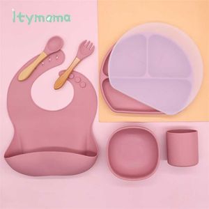 6 pz/lotto Solido Del Silicone Alimentazione Del Bambino Ciotola Piatto Set Da Tavola Impermeabile Bambini Cucchiaio Bavaglini Ciotola di Aspirazione Per Bambini Piatti 211027