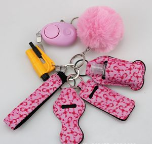 8 pçs / set keychain de defesa de auto 10 cores Alarme Pompom Chaveiro Anel Hand Sanitizer pulso pulseira titular chaveiros para mulher homens autodefesa keyring ferramenta de segurança