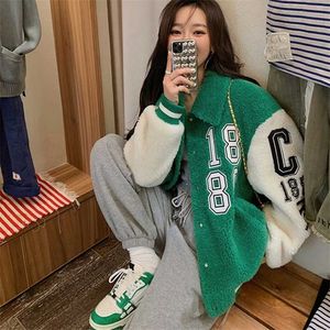 Women's Winter Jacket Harajuku Embroidery Lamb Wool Patchwork Letter Varsity s Fashion Streetwear College Bomber 220105