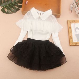 Autumn Girl Blouses White Chiffon Lace Top Baby Long Sleeve Shirts Ruffle Pullover Blouse Clothes for Teenage s 9Y 210622