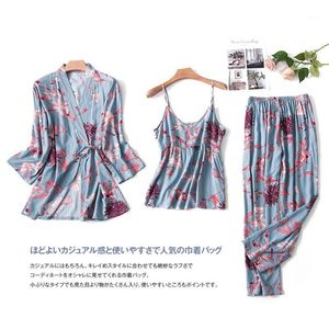 Women's Sleepwear 3 Pieces Satin Silk Pajamas Sets Women Nightdress Lingerie Robes Underwear Sexy Floral Printing Sleep Wear