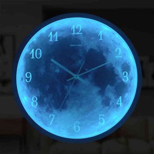 Art Design Wanduhr 12 Zoll Blue Moon Sound Control leuchtende digitale moderne stille Wohnzimmer Schlafzimmer runde Dekoration H1230