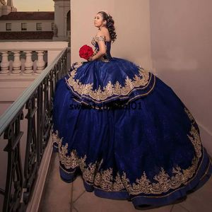 abendkleid Navy Blu Abito Quinceanera Oro Appliques 2022 abiti quincea￱eras Prom Dress vestido bordado mexicano