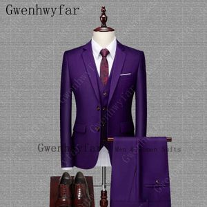 Gwenhwyfar (giacca + pantaloni + gilet) Abiti da uomo viola Abiti da sposo Smoking Abiti da sposa 3 pezzi Abiti da uomo per uomo formale X0909