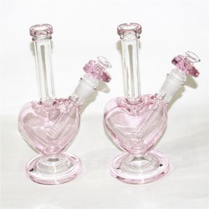 9 Zoll herzförmige rosa Glasbong-Wasserpfeifen Shisha Dab Rig Rauchwasserpfeife mit trockenen Kräuterschalen, konzentrierten Silikonpfeifen