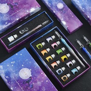 Fountain Pens Crystal Glass Pen Starry Sky Dip Glitter Powder 12 Colors Ink Gift Box Set Writing Supplies