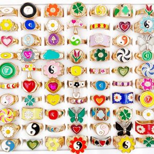 20Pcs/Lot Dripping Oil Glaze Colorful Ring for Women Girls Trendy Sweet Flower Butterfly Smile Yin Yang Finger Rings Band Party Jewelry