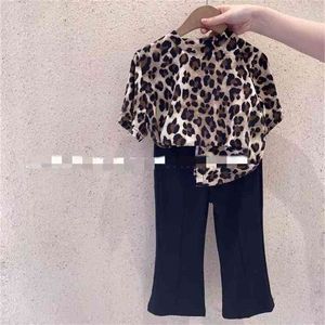 Chegada de verão meninas moda leopardo terno top + calças crianças roupas 210528