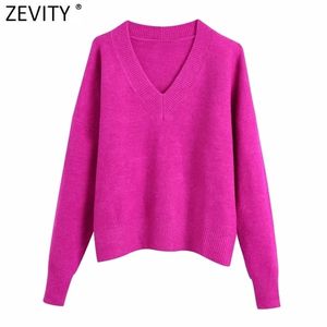 Zevity Frauen Einfach V-ausschnitt Soft Touch Casual Lila Stricken Pullover Weibliche Chic Grundlegende Langarm Pullover Marke Tops SW901 211103