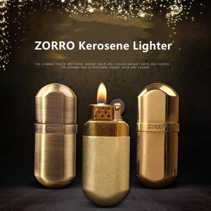 Retro ZORRO Brass Grinding Wheel Metal Lighter Windproof Pocket Cigarette Kerosene Lighter Gasoline Trenches Tobacco Lighter Smoking Gift