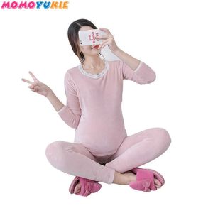 Sweet thick Cotton Maternity Nursing Sleepwear Summer Feeding Pajamas Sets for Pregnant Women Pregnancy Nightwear Clothing Suits 210713