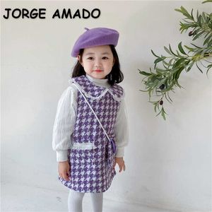 Wiosna Baby Girl sztaki Zestawy Długie Rękawy Koszule Purple Plaid Kamizelka Spódnica Z Torba Lady Style Kids Clothes E9042